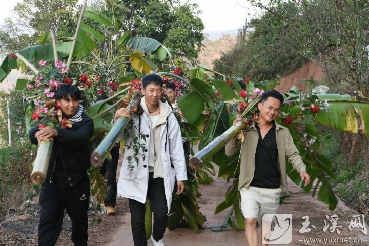 宴客結(jié)束，年輕人把芭蕉樹及鮮花送到村后一棵古老的大樹下。